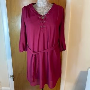 iZ Byer Magenta Womens XL Lined Dress Waist Defined Sheer Long Sleeve